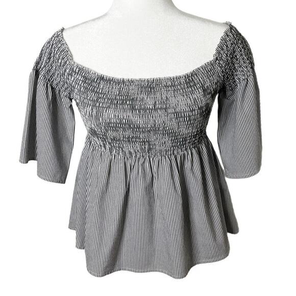 Hollister Tops - Hollister Women's Smocked Top M Gray Pinstriped Off Shoulder Cropped Bell Sleeve